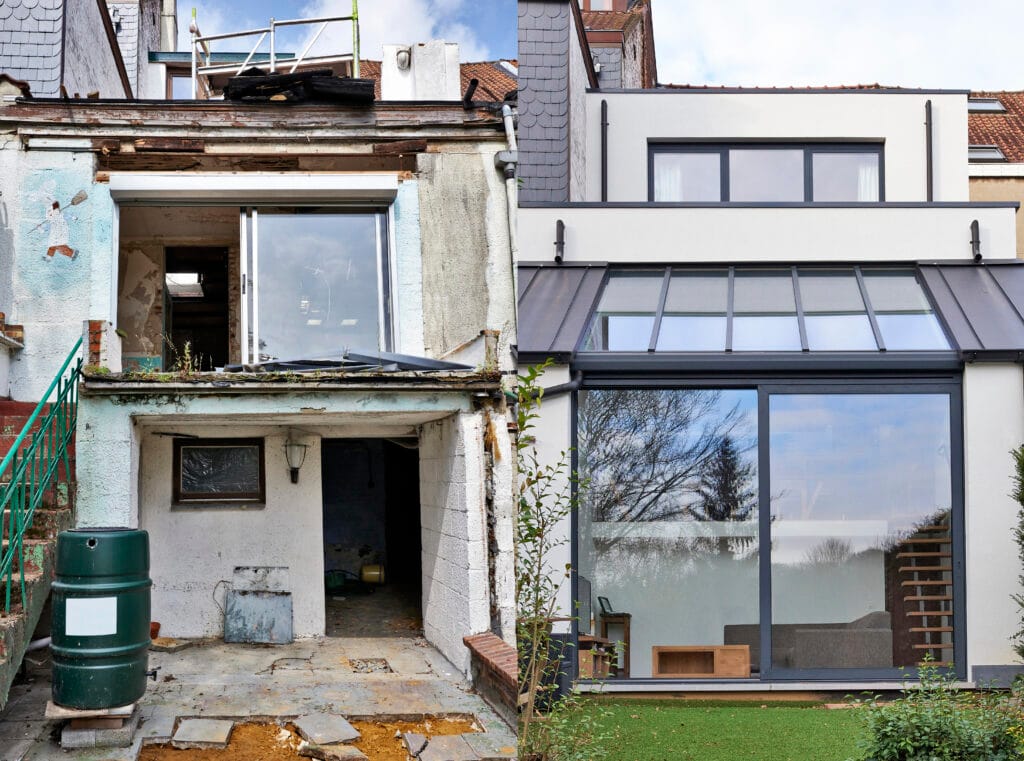 Gevelrenovatie before en after. Gevel gesloopt en opnieuw opgebouwd