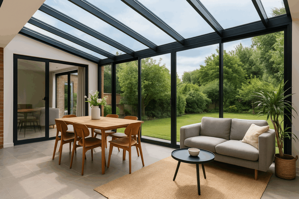 Voorbeeld binnenkant glazen aanbouw ontwerpen