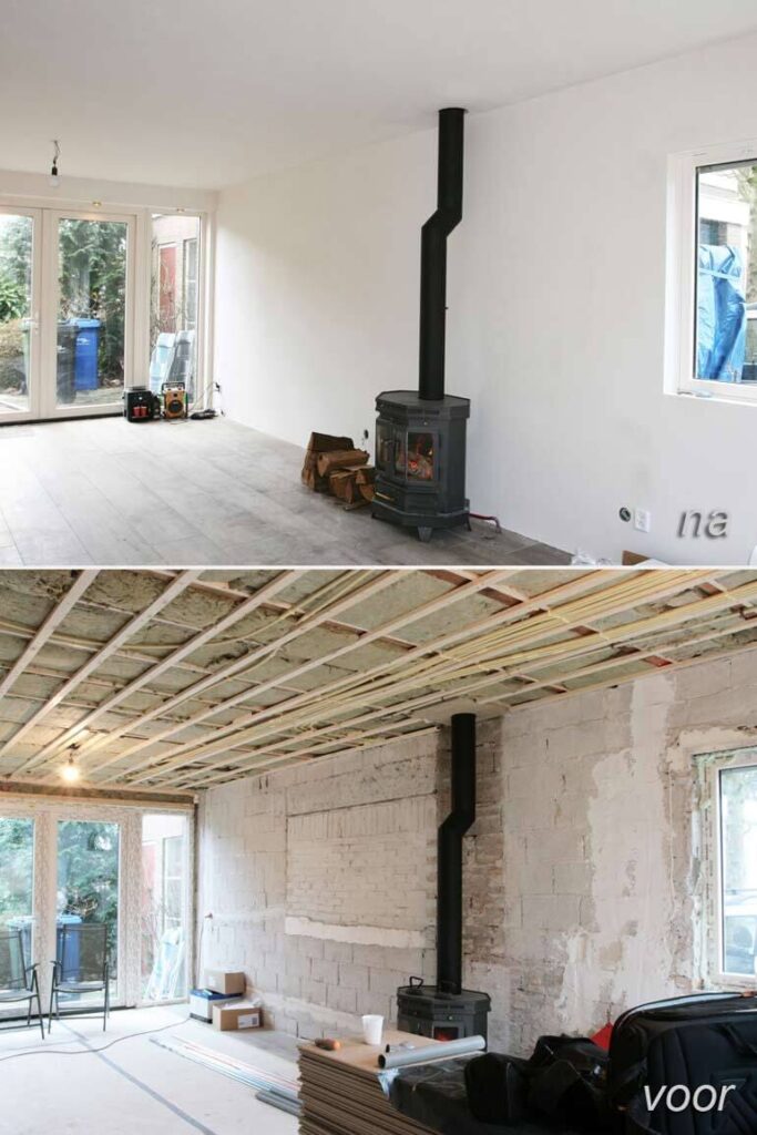 Voor-en-nafoto van gerenoveerde woonkamer met vernieuwd plafond, lichte vloer en zwarte houtkachel